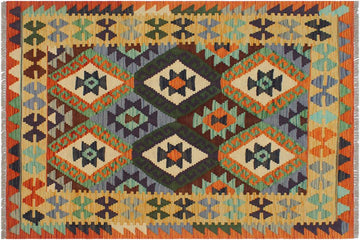 Flat Weave Kilim, Antique, Navaho, Vintage, Handmade, Geometric Kilim Rust Gold Hand-Woven Rectangle 100% Wool Area Rug 3 x 5